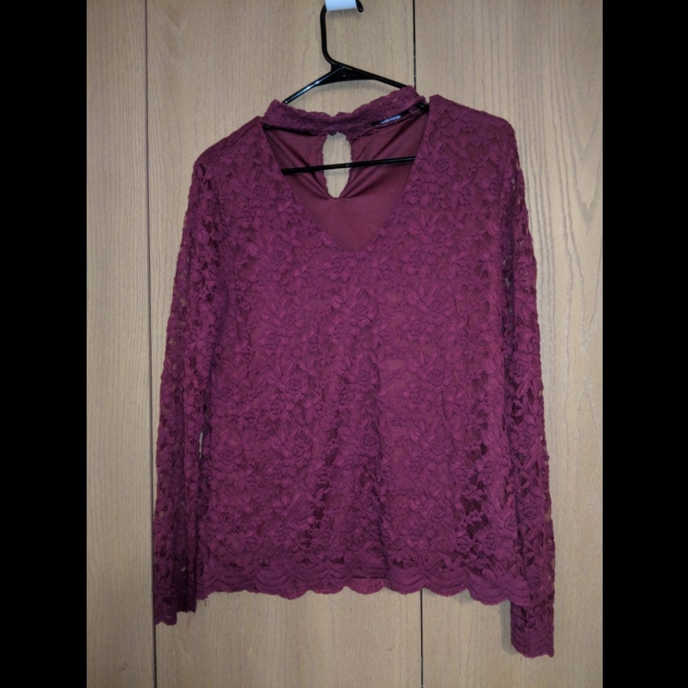 Ambiance Maroon lace sleeve shirt choker neck